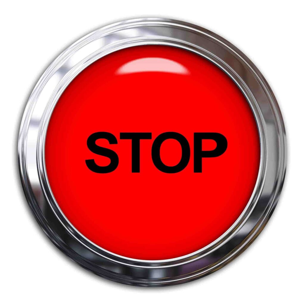 a red button with black text